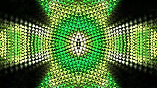 Green triangle mosaic with symmetrical kaleidoscope pattern and glowing geometric layers.
