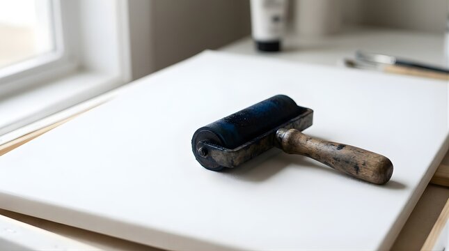 Rubber ink brayer tool resting on a white canvas in an art studio