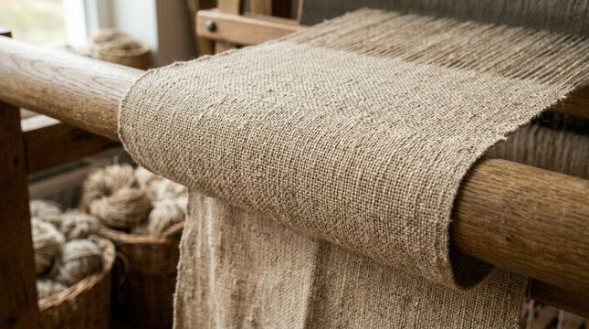 Close-up of woven fabric on a rustic wooden loom with natural fibers and yarn rolls.