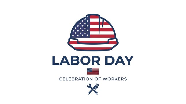 Labor day celebration graphic featuring an american flag construction hard hat and tools for american workers