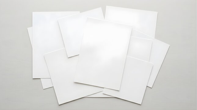 Stack of blank white papers on a light wooden background for branding