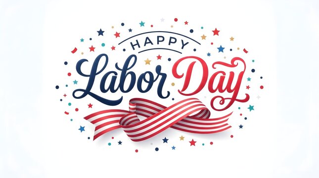 Happy labor day greeting card design with elegant hand lettering and decorative red and white ribbon