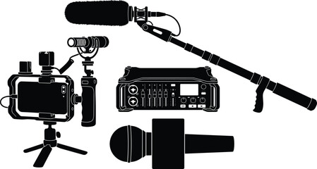 Professional broadcasting and filmmaking equipment silhouette vector set featuring a boom microphone, field recorder, and smartphone rig. © Sirajul