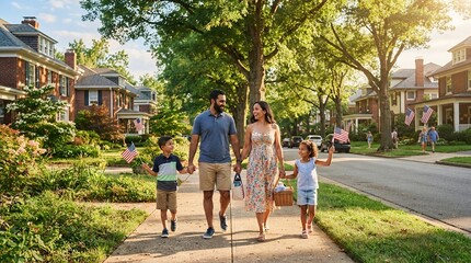Fototapeta premium Happy Family Walking Down Tree Lined Suburban Street Holding American Flags.