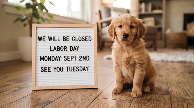 Cute golden retriever puppy sitting next to a sign announcing a business closure for labor day holiday