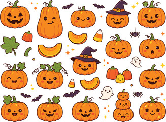 Obraz premium Cute Halloween Pumpkin Collection with Jack O Lantern Faces, Witch Hats, Ghosts, Bats, Candy, and Autumn Cartoon Vector Set