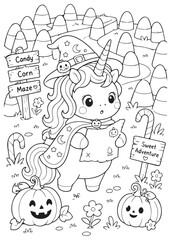 Fototapeta premium Coloring Page Book Adorable Halloween Unicorn Exploring a Candy Corn Maze Adventure
