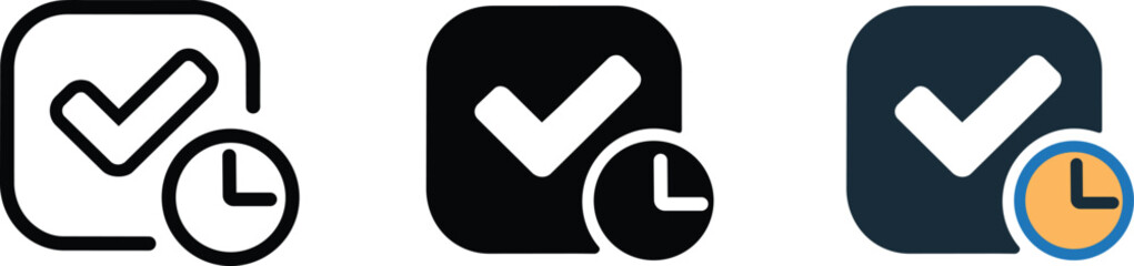 Completed task checkmark and clock icons in outline, solid glyph, and colorful flat styles for business project management and deadline scheduling © fay009