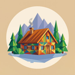 Fototapeta premium Geometric Low Poly Mountain Cabin Illustration with Pine Trees and Smoke in a Circular Frame