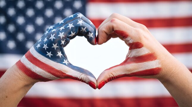 Hands painted with american flag colors forming a heart shape for labor day celebration
