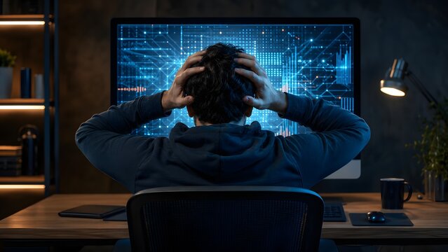 Stressed Programmer Holding His Head in Front of a Data Screen