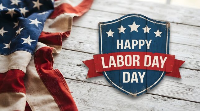 Happy labor day greeting card with a vintage american flag on a rustic white wooden background