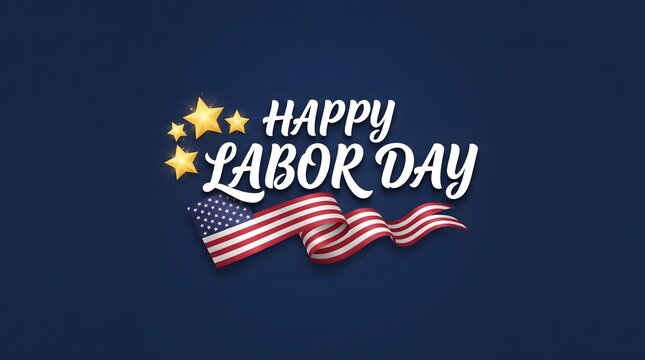 Happy labor day greeting card design with american flag ribbon and golden stars on dark blue background