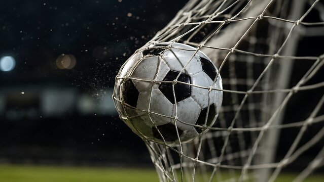 A soccer ball is caught in the net of a goal during a night game, with water droplets splashing.