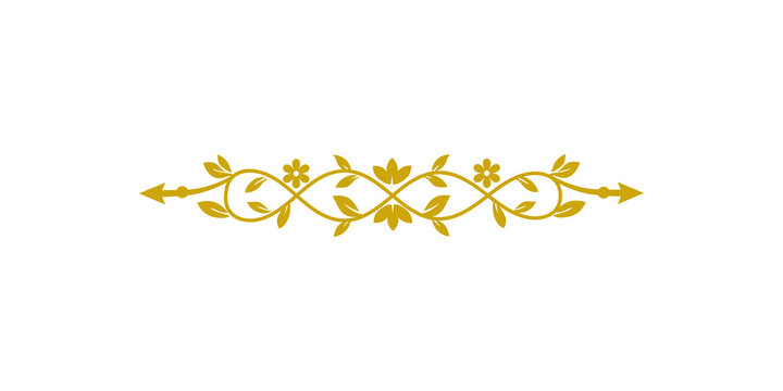 Golden floral decorative divider with symmetrical vine pattern and arrow ends isolated on transparent background