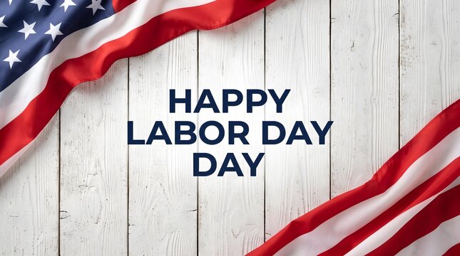 Happy labor day greeting card with united states flag on a rustic white wooden background