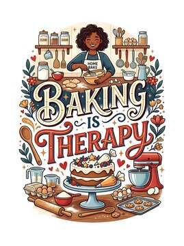 Happy woman baking in a cozy kitchen with inspiring quote