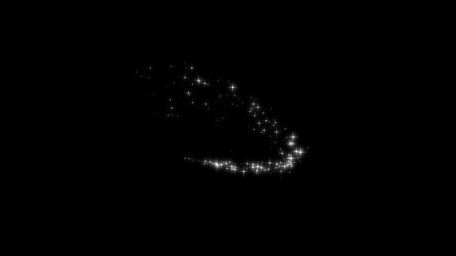 4k magical glitter star line animation, luxury twinkling fairy dust trail, white glowing sparkle particles, shimmering starlight streak, 2d cartoon doodle stars, black background overlay.