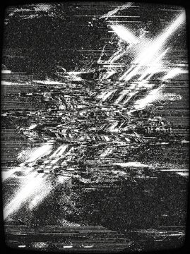 Chaotic digital distortion with shimmering light streaks on a monochromatic vintage screen, evoking a sense of fractured reality and signal interference