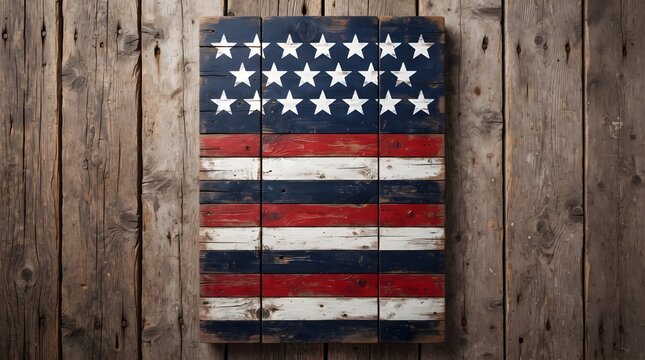 Rustic american flag painted on wooden planks for labor day holiday celebration and patriotic home decor background