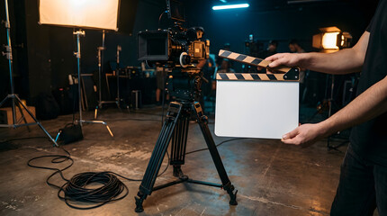 Film studio equipment for production with lights, tripod, camera, person, clapperboard in black and white scene. Suitable for film industry projects. © Pixon Studio