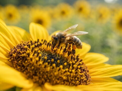 Close-up of a bee collecting nectar from a bright yellow sunflower in a field.