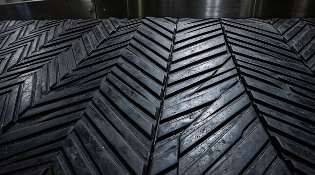 Black rubber conveyor belt with chevron pattern in an industrial facility