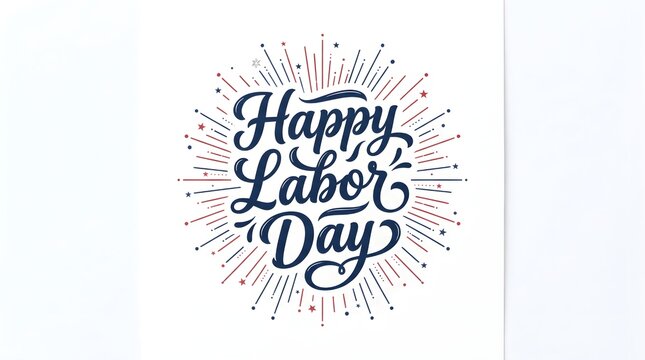 Happy labor day calligraphy text design with decorative sunburst elements on a clean white background