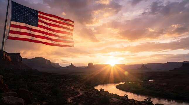 American flag waving against a beautiful sunset sky perfect for celebrating labor day and national holidays
