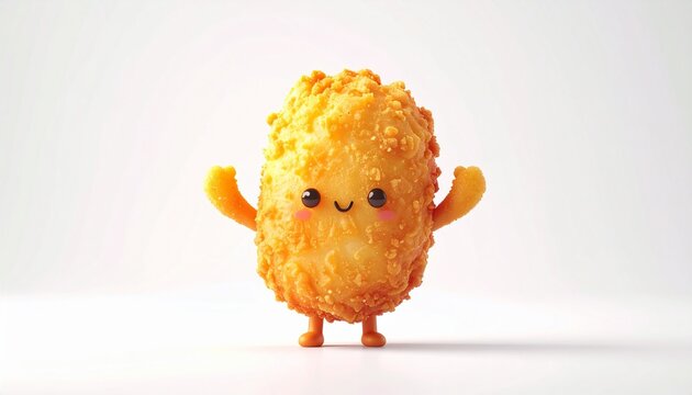 Cute chicken nugget character with tiny face and arms, crispy texture, soft lighting, funny and adorable