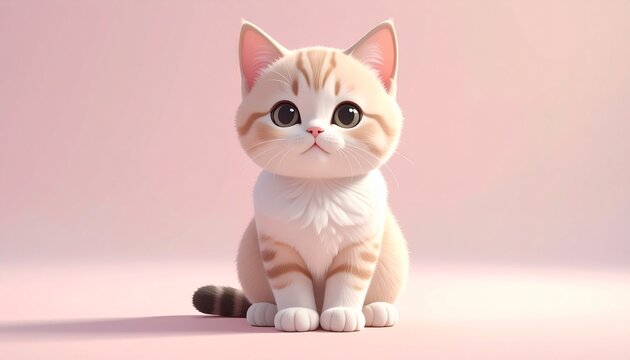 Cute chubby kitten sitting in a pastel colored room, soft lighting, big round eyes, kawaii style