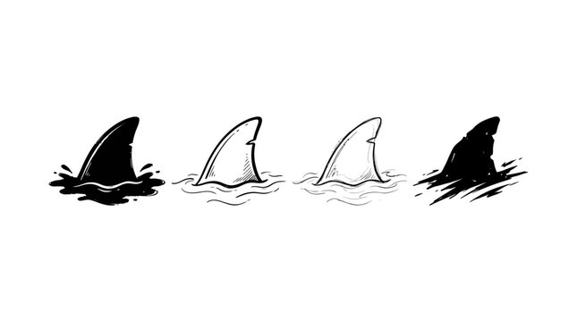 Four shark fin emerging from water in various hand-drawn and solid black styles for ocean, marine, and danger concepts on white background