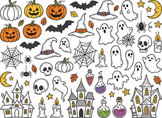 Fototapeta premium Hand Drawn Halloween Doodle Collection with Ghosts, Pumpkins, Haunted Houses, Bats, Potions, Candles, and Spooky Vector Elements