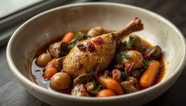 Traditional French chicken stew Coq au vin with braised chicken leg, baby carrots, mushrooms, and shallots in a rich wine sauce