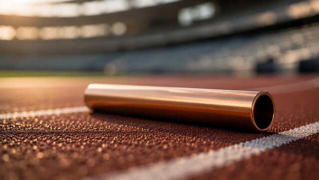 A close-up shot of a bronze baton lying on a wet running track in a stadium.