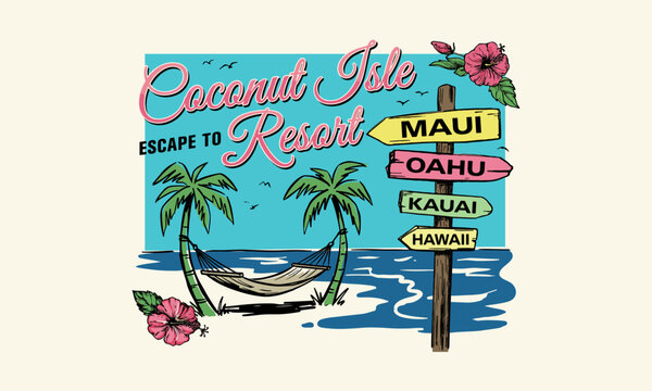 Vintage Coconut Isle Resort illustration with palm trees hammock and Hawaii destination signpost.