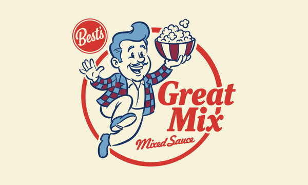 Vintage mascot illustration of a cheerful man in a plaid shirt holding a popcorn bowl.