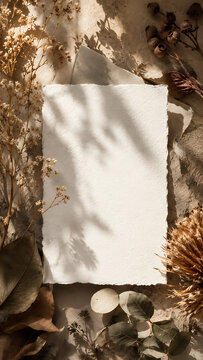 Blank paper card mockup on stone background with dried botanicals for quote layout and invitation
