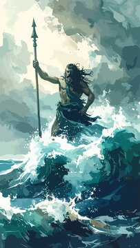Powerful Greek God Poseidon Standing in Crashing Ocean Waves Holding Trident.