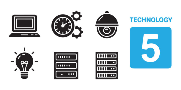 Set of technology icons featuring laptop clock security camera light bulb and server storage racks.