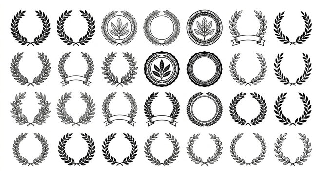 Laurel wreath icon set. Black vector branch collection for heraldry and award design.