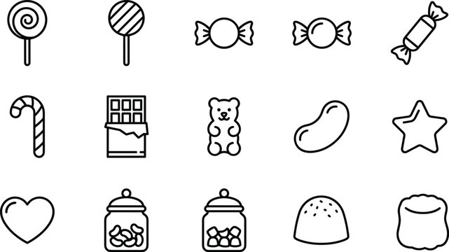 Candy and Sweet Icon Set with Lollipop, Wrapped Candy, Cane, Chocolate Bar, Gummy Bear, Jelly Bean, and Marshmallow for Dessert Designs
