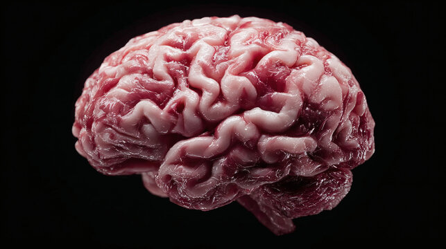 Detailed 3D render of a human brain on black background.