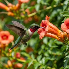 Fototapeta premium Ruby throated hummingbird feeding on nectar from an orange trumpet vine flower.