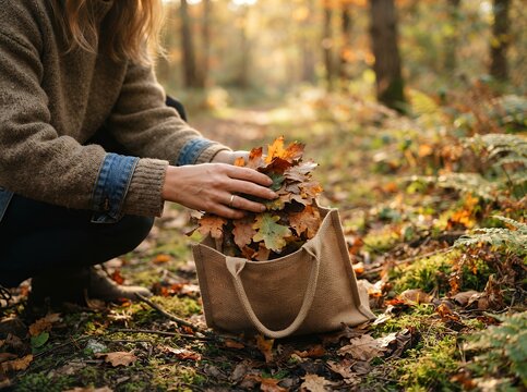 Woman collecting autumn leaves in a forest during golden hour.