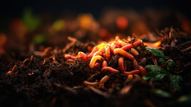 Enchanting macro view of colorful segmented creatures thriving in dark, moist earth