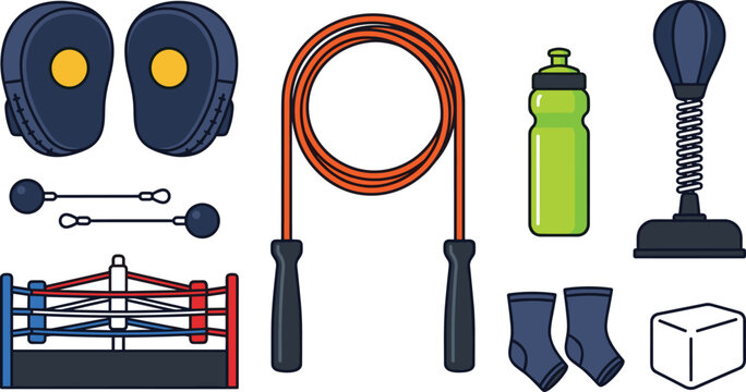 Boxing training equipment collection featuring jump rope, focus mitts, speed bag, boxing ring, water bottle, ankle supports, and fitness gear flat vector illustration