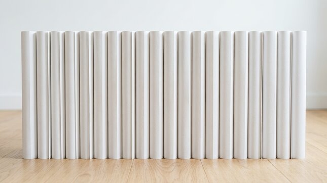 A Neat Row of White Books Lined Up on a Wooden Shelf.