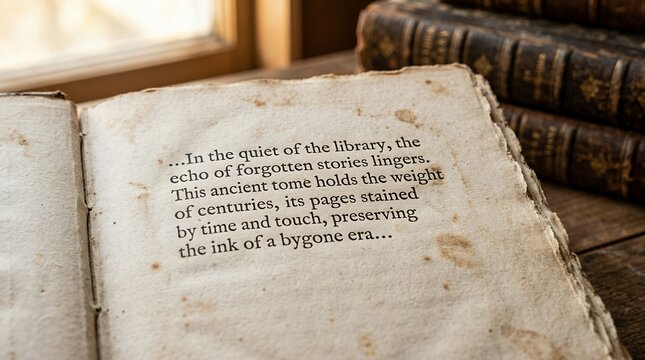 Ancient Open Book with Faded Text and Stacked Old Books.
