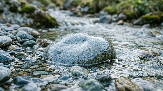 Close up of a smooth grey stone in a shallow stream with pebbles and flowing water.